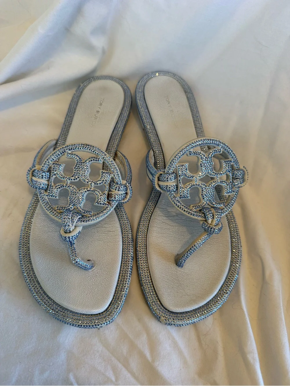 Tory Burch Light Blue rhinestone sparkling Logo Thong Sandals